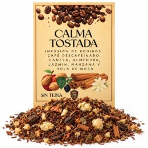 Rooibos calma tostada de Medievo Granada con rooibos, café descafeinado, canela, almendra, jazmín, manzana y hoja de mora